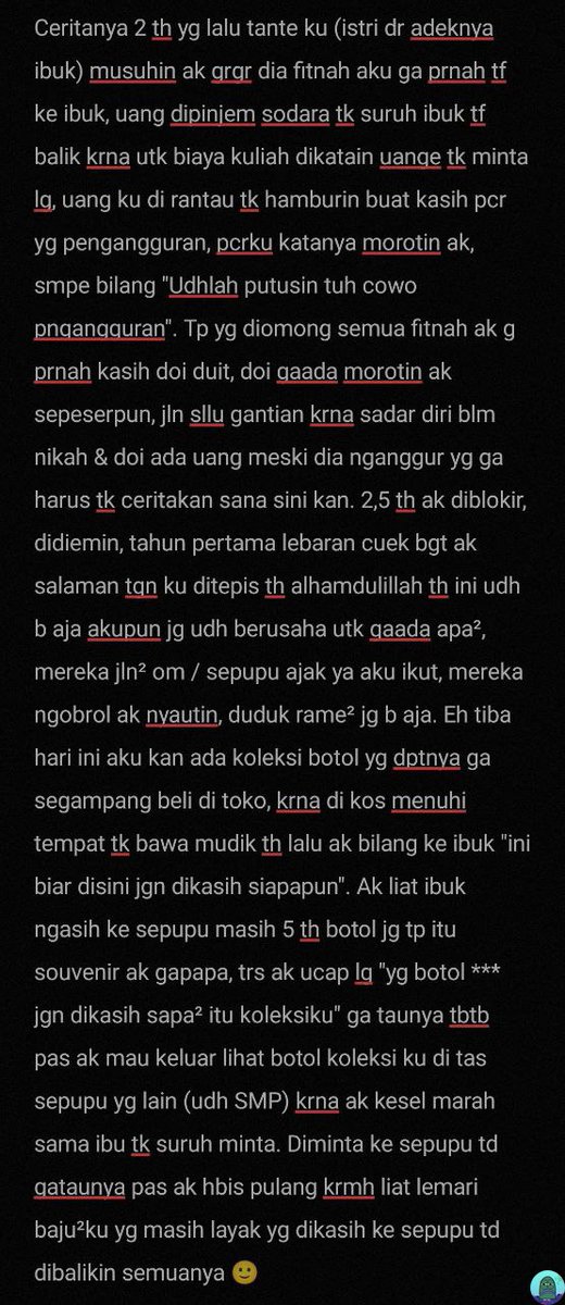 💚 Curhat. Baru baikan, mreka mau balik knp ada lg msalah 😭 Psti nnti di fitnah, tante koar² klo ak ngsih tk minta lg 🥲 Spupu yg kecil dkasih mainan ibu jg ditinggal (mreka beda ibu)