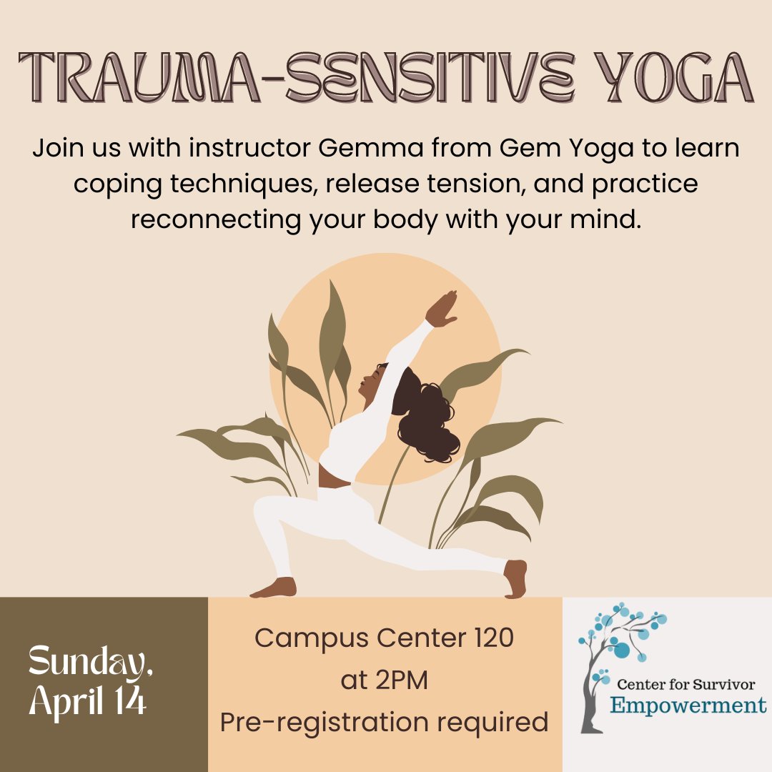 Students, join the Center for Survivor Empowerment and Gem Yoga tomorrow for a free, trauma-sensitive yoga session! Registration is required! Learn more on the inside calendar!