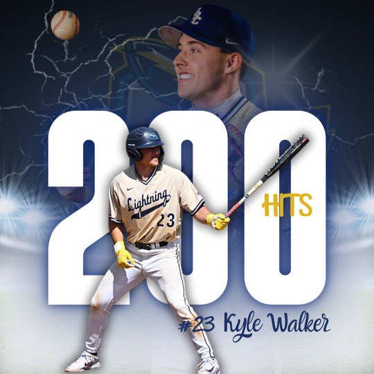 GBC_Baseball's tweet photo. Congrats to Kyle Walker who became the first player in school history to reach the 200 hit mark. He notched #200 with a bunt single and followed it up with a #BoltBomb off the scoreboard in LF #Walk #WillysDad https://t.co/dtuHCxLwpi