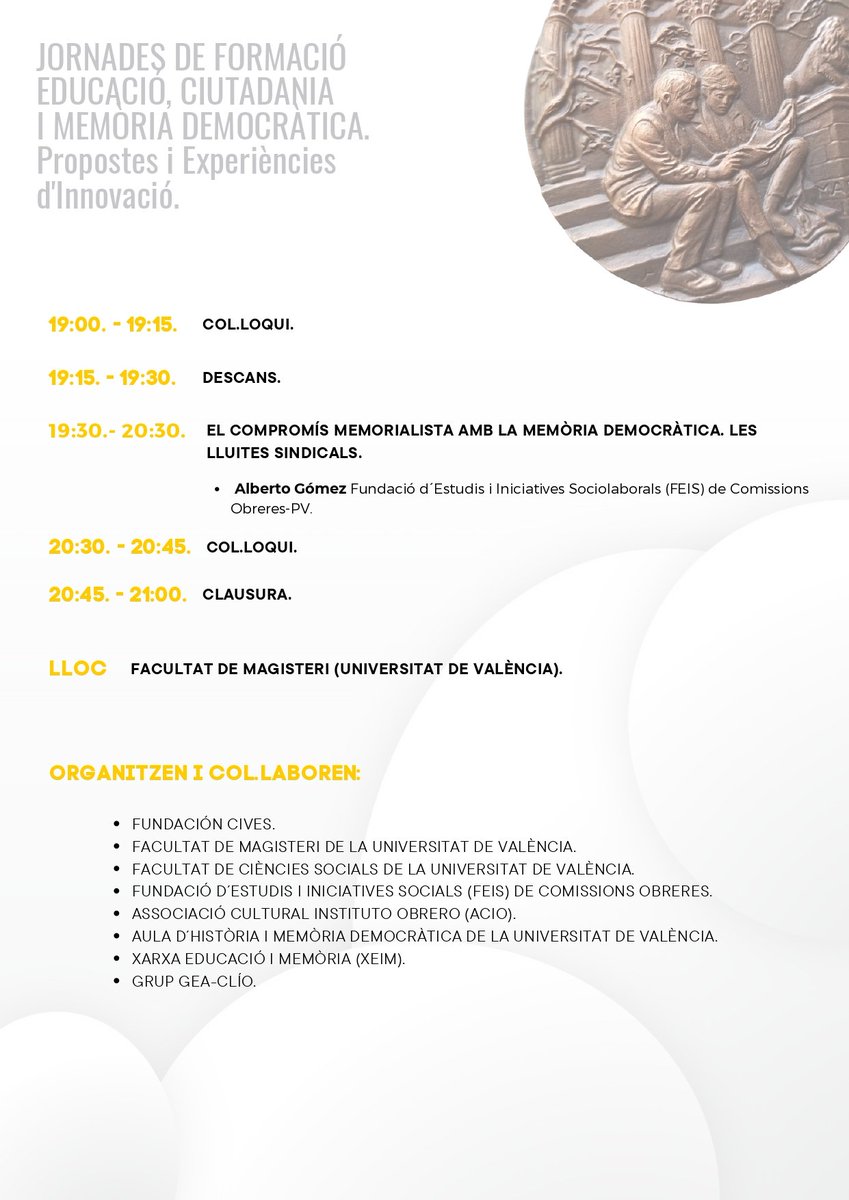 📢 Els dies 22 i 23 d'abril, no us podeu perdre les jornades de formació que organitza <a href="/FundacionCives/">Fundación Cives</a> a #València i que compartirem amb <a href="/aula_hmd/">Aula d'Història i Memòria Democràtica</a> <a href="/institutobrer/">Associació Cultural Institut Obrer</a> @FacMagisteri @GeaClio‼️

📝 Inscripció: docs.google.com/forms/d/e/1FAI…