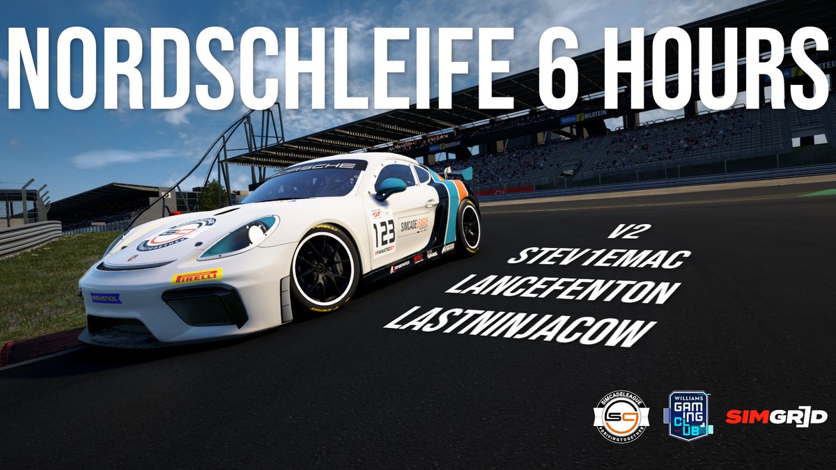 Casual 6 Hour race around Nordschleife today with <a href="/WilliamsEsports/">Williams Sim Racing</a> Gaming Club

Racing today is V2, StevieMac, Lancefenton and LastNinjaCow

Hitting the track for qualifying at 2.30pmUK
Live on Twitch - twitch.tv/simcadeleague

#DrivingTogether #simracing