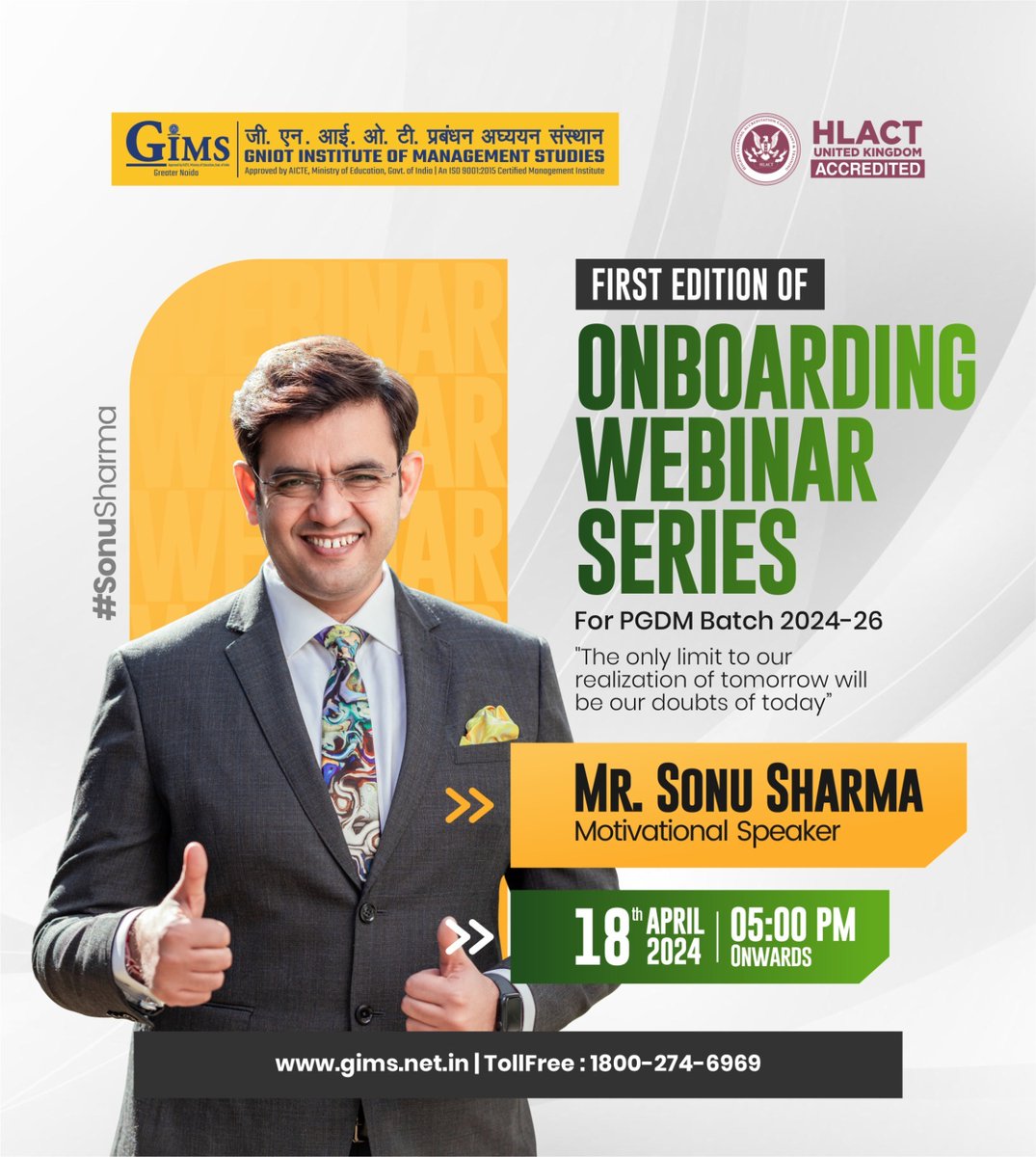 GNIOT Institute of Management Studies (GIMS), Greater Noida is delighted to announce the launch of First-Edition of  Onboarding Webinar Series for the upcoming PGDM Batch 2024-26, happening on 18th April, 2024.
#gniot #gims  #pgdm #gimsian #expertsession #onlinesession