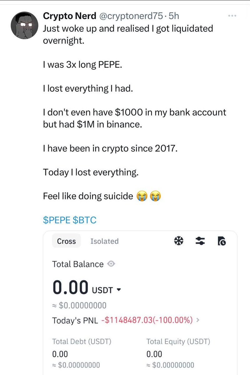 This guy lost 1M yesterday with just 3X leverage on $PEPE. Liquidation is a choice when you skip stop-loss. Trading without risk management = GAMBLING