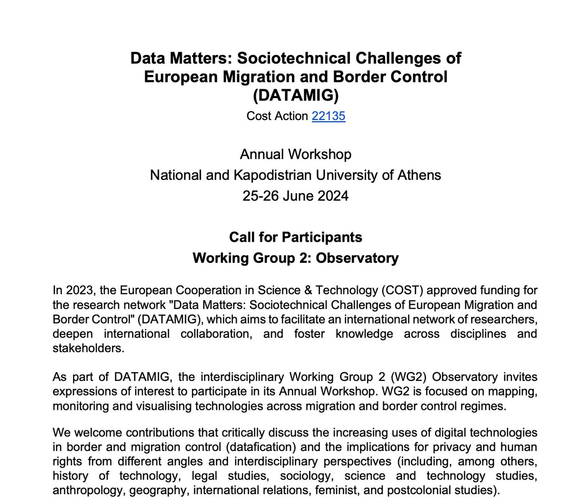 CostDATAMIG's tweet photo. Working group 2 'Observatory' are happy to announce the call for papers for the Annual Workshop taking place in Athens from 25th-26th of June! https://t.co/OOTINwSCs9
