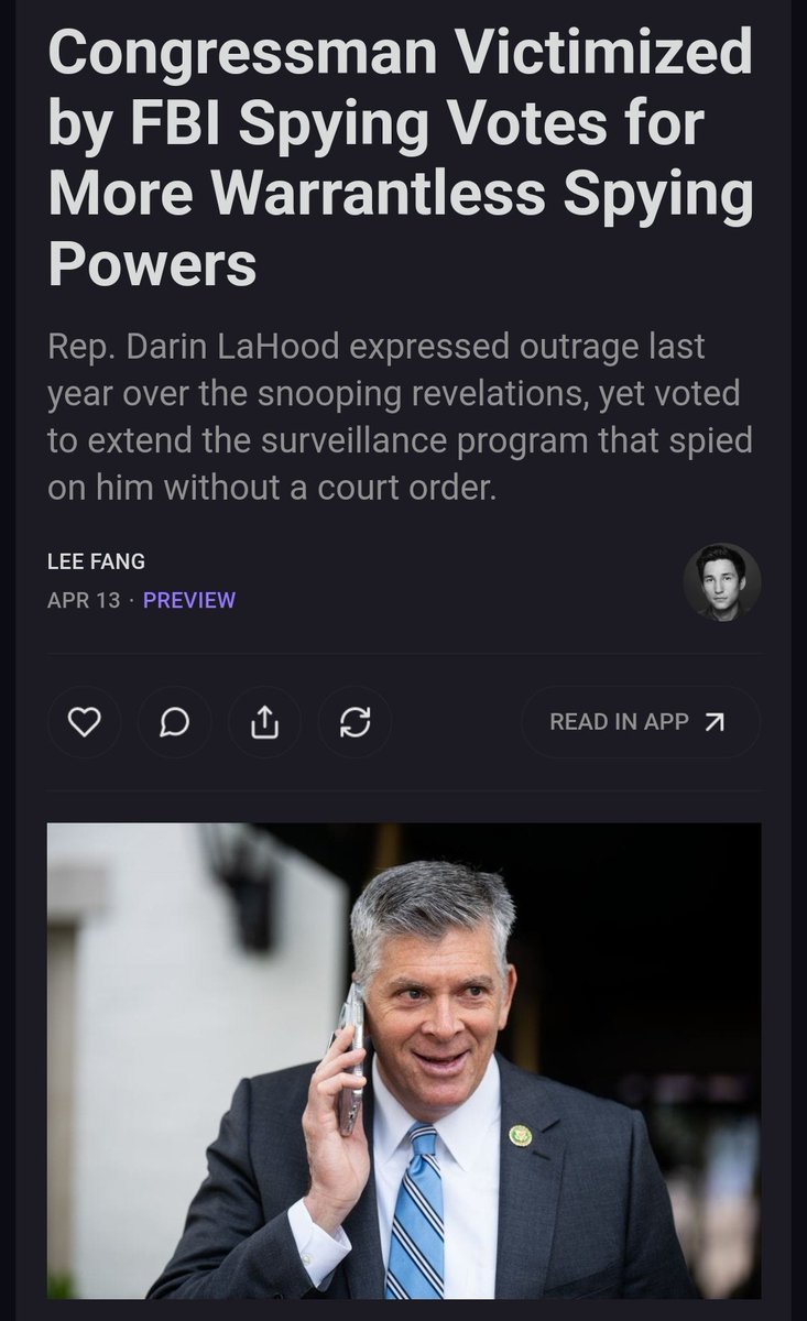 Unlike the majority of Congress, @lhfang has a brain and understands why the warrant requirement, per the Constitution, matters. See tweet below. Even @DarinLaHoodIL voted FOR the extension of warrantless surveillance. Count that one a win for @fbi Stockholm Syndrome.