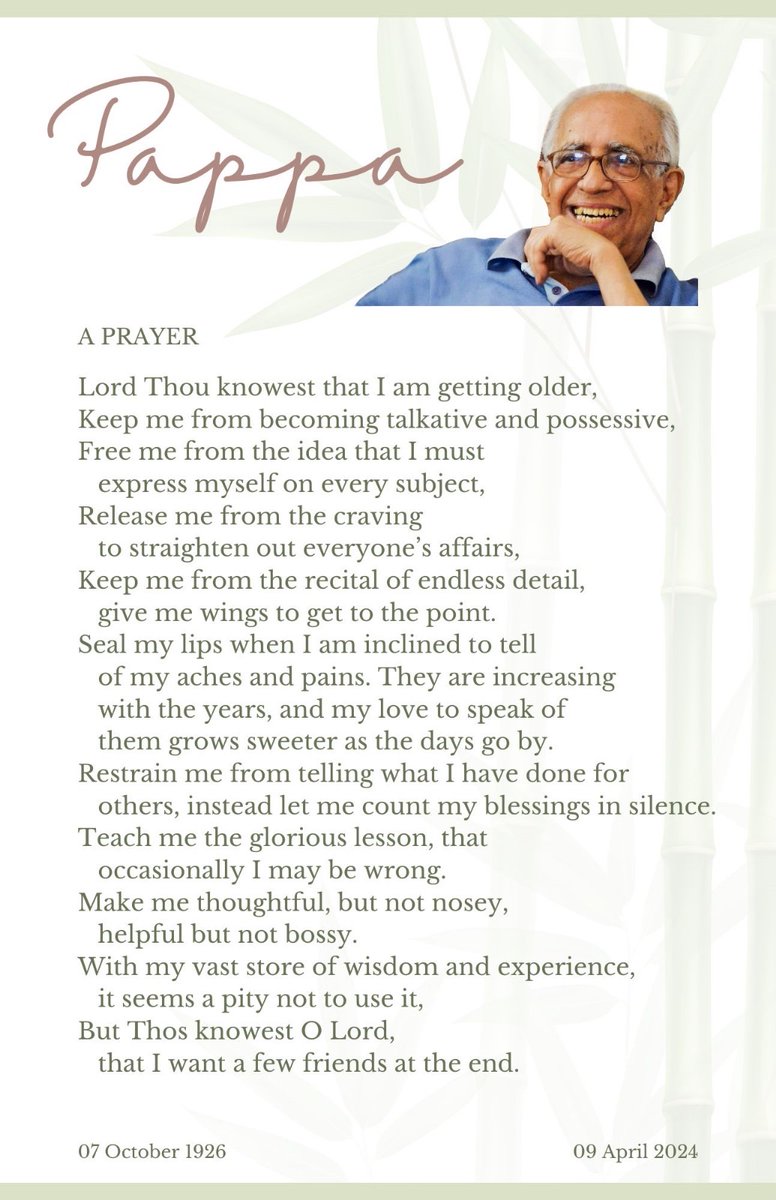 Dr. John K. Vettath, who performed Kerala’s first heart surgery in the 1960s, passed away at 97 on Tuesday (9th April)may his soul rest in peace 🙏... Sharing a beautiful poem / prayer lines which he kept on his desk. What a way to look at life as one gets older! (Forwarded by a…