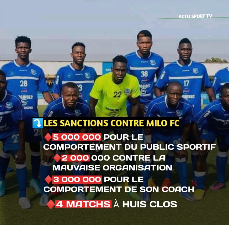 #Football : Le club de Kankan, Milo FC, lourdement sanctionné par la LGFP !

le 3 avril, des incidents ont été enregistrés lors de la rencontre entre le #Milo FC et Renaissance au stade Mbalou Mady de Kankan. La Ligue Guinéenne de Football <a href="/lgfpro1/">Ligue Guinéenne de Football Professionnel</a> a pris ces décisions ⤵️