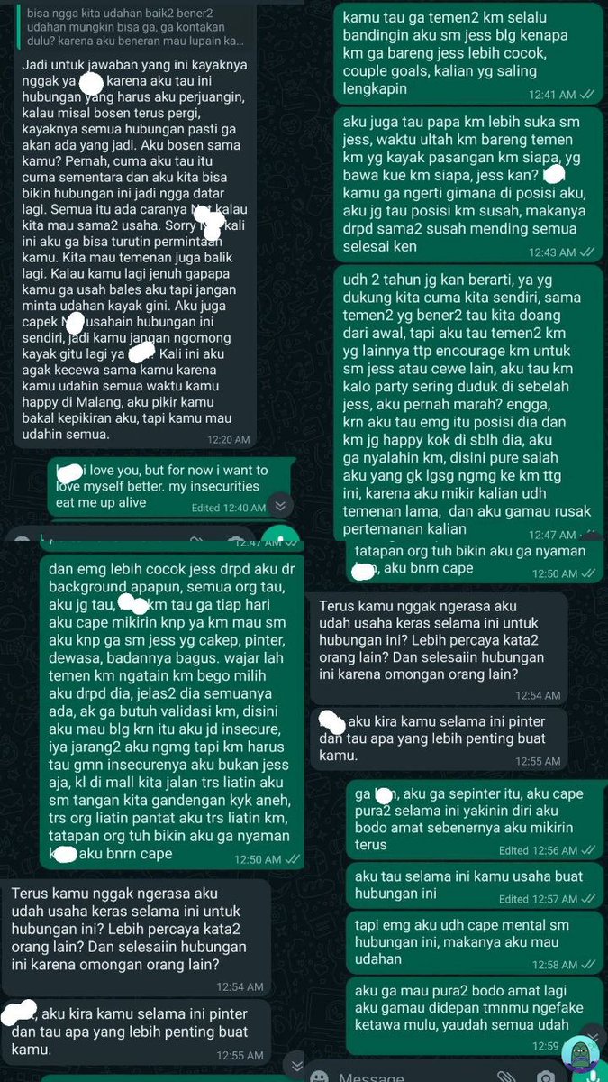 💚 gpp kan ya berusaha cinta diri sendiri sblm org lain? 2 tahun udh berusaha tp aku masih kalah sm pikiranku, mau cerita tmn tapi mereka gatau sbnrnya kl ak insecure selama ini, sok2 kuat benernya ovt, aku takut nyesel tapi aku jg cape 🥲