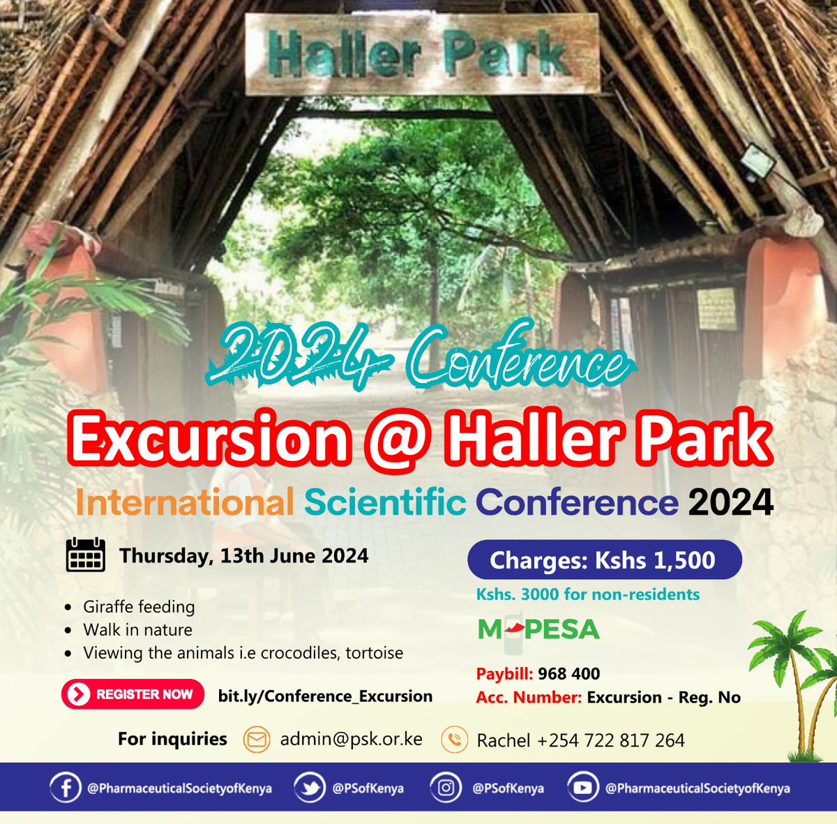 🌿 Explore Haller Park with us during The International Scientific Conference 2024! Join our exciting excursion filled with adventure and discovery. For residents, it's Kshs 1500, non-residents Kshs 3000 - inclusive of transport. 🎉 Don't miss out on this experience!