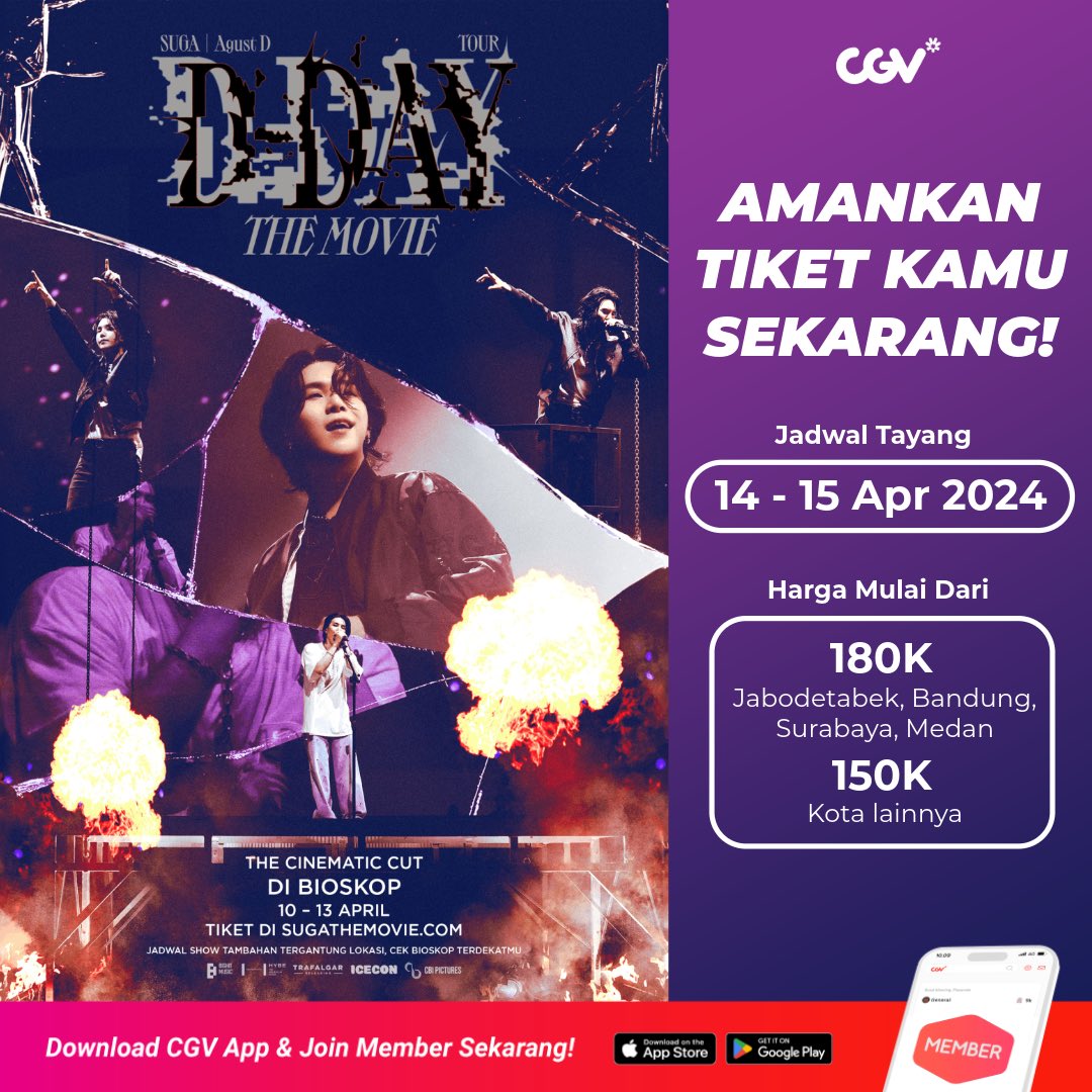 Tambah tanggal tayang 🔥

SUGA│AGUST D TOUR ‘D-DAY’  THE MOVIE (EXTEND) 

MINGGU & SENIN (14 - 15 APRIL 2024)

Cek lokasi di tweet berikutnya. Tiket sudah bisa dibeli sekarang di web: cgv.id atau aplikasi CGV.

#SemuaSerudiCGV