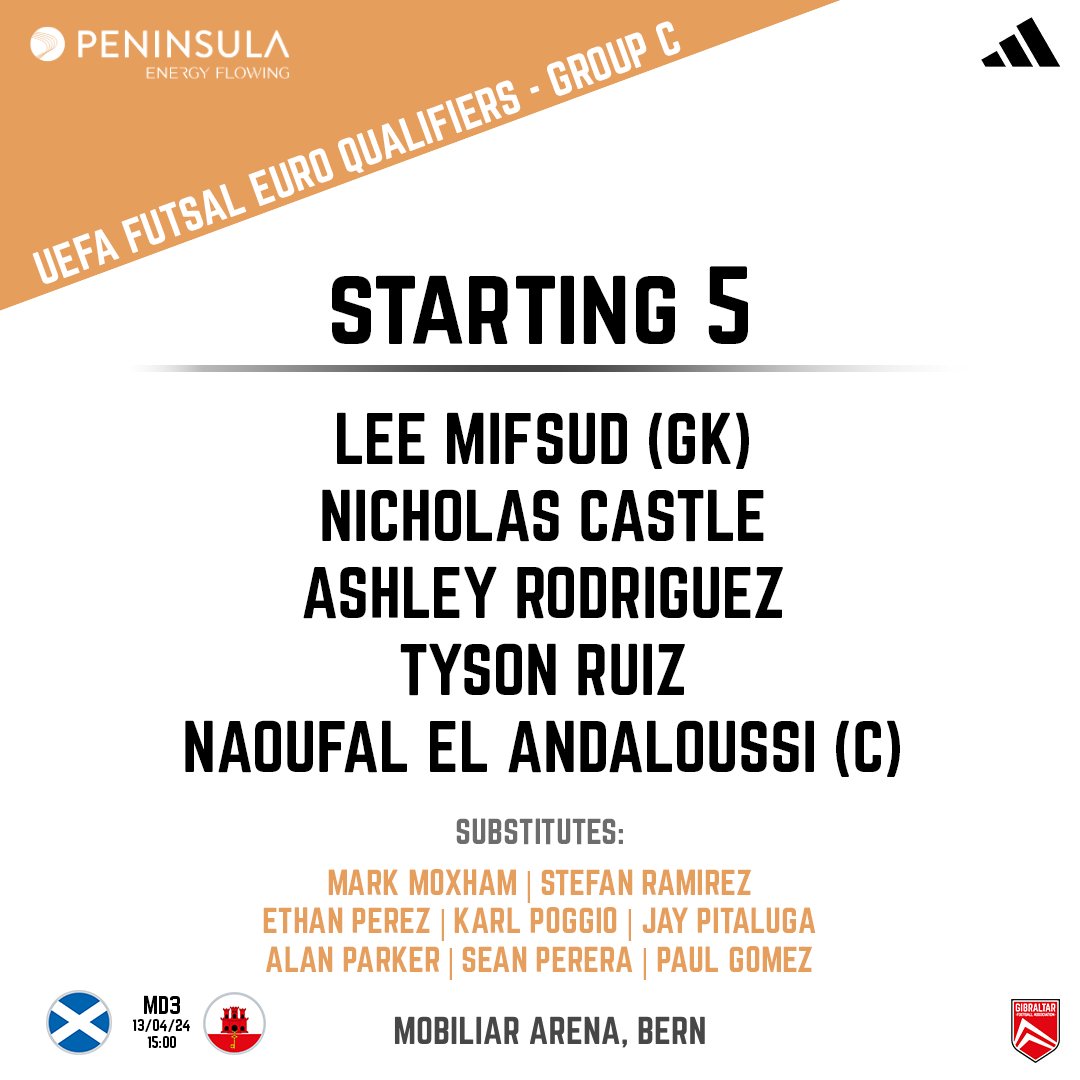 🚨 FINAL FUTSAL FIVE 🚨 Your final 🇬🇮 Men’s Futsal Starting 🖐🏼 for Matchday 3 of the #FutsalEURO Qualifiers against Scotland 🏴󠁧󠁢󠁳󠁣󠁴󠁿, kick-off is at 15:00 at the Mobiliar Arena Click the link below to keep up with all the action ⛓️‍💥 youtube.com/live/Tfcx4A_pg… #GibraltarFA | #GFA