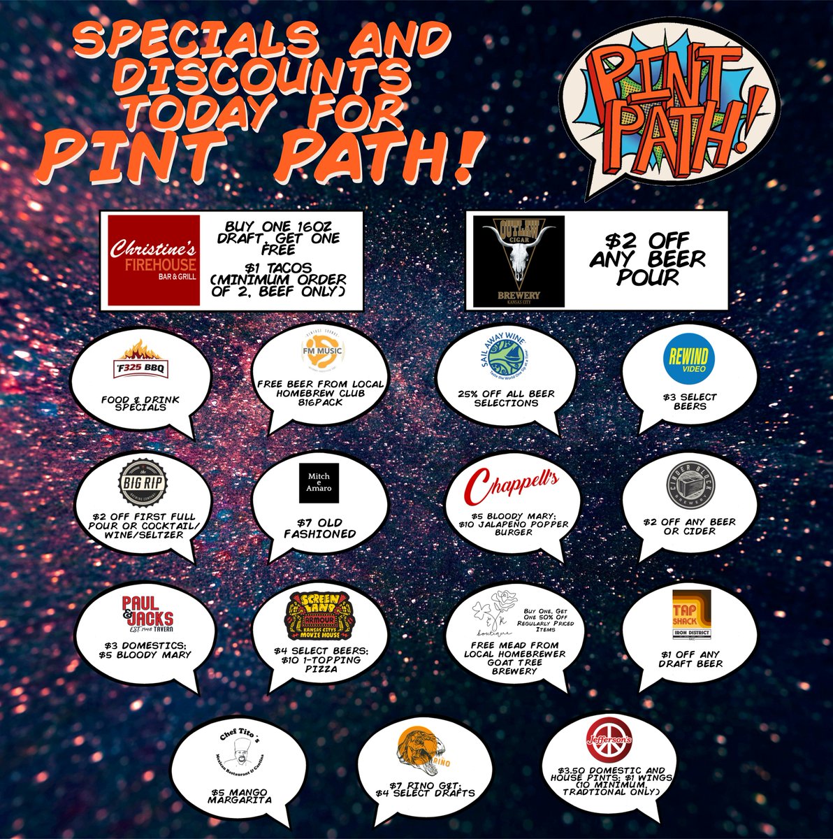 It's PINT PATH DAY!!! Which places will you be visiting today? Here's a quick graphic for you to see the specials today. Christine's Firehouse and Outlaw Cigar &amp; Brewery are Check-In locations only (no stamps) but they're still offering Pint Pathers some great specials!