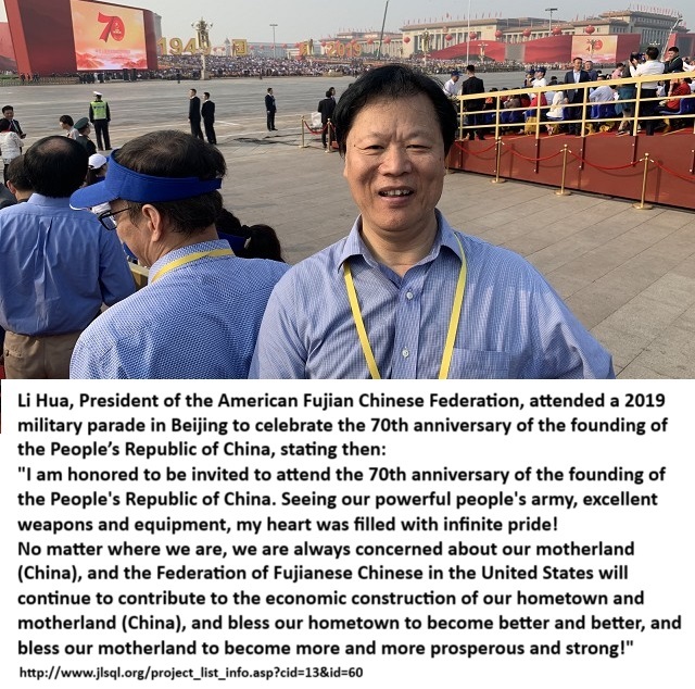 Chinese-'American' Li Hua, President of the American Fujian Chinese Federation called China's military 'our army.' 'Seeing our powerful people's army, excellent weapons and equipment, my heart was filled with infinite pride.' America has a massive pro-CCP Fifth Column problem.