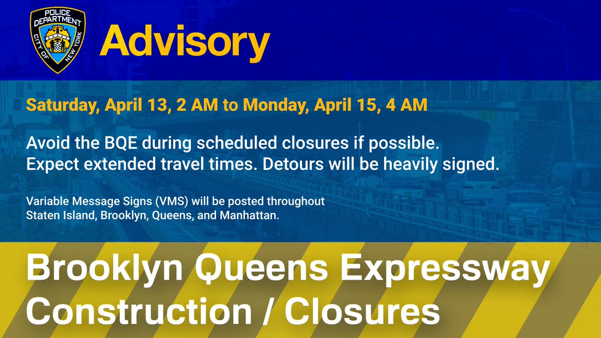 ⚠️Scheduled Closure: Due to construction, Queens-bound Brooklyn Queens Expressway will be fully closed from Atlantic Ave to Sands St until Monday, Apr 15, 4 AM. Expect delays and plan ahead. For detailed ramp closures and detour maps, visit: nyc.gov/bqealert