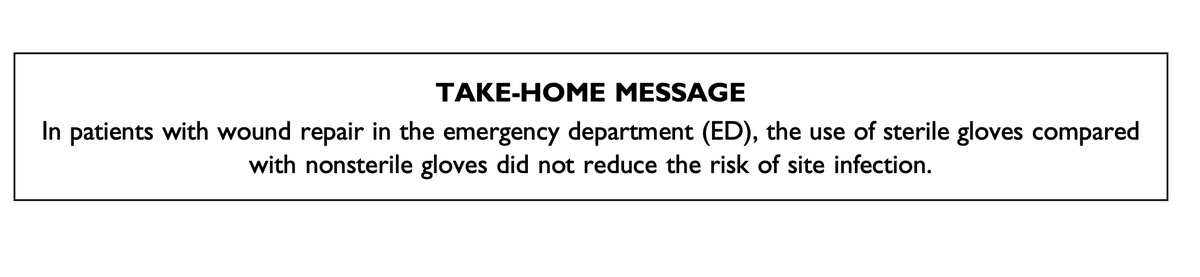 Hot off the Press: Does the use of sterile gloves for the repair of wounds and lacerations reduce the risk of infection? annemergmed.com/article/S0196-… @kagocchi28
