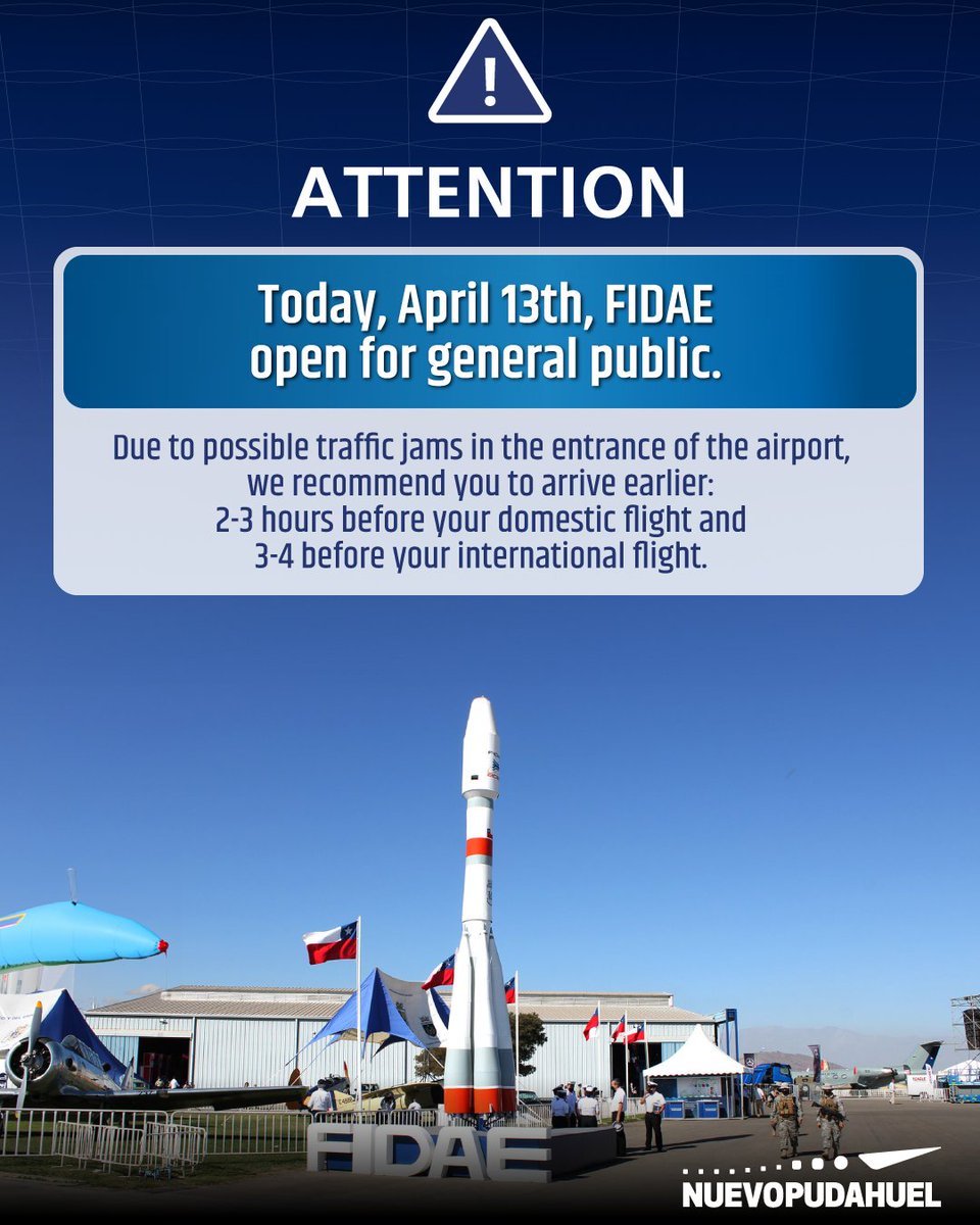 Today @FIDAE_OFICIAL is open to the general public and 20 thousand attendants are expected to enjoy the air show. Due to possible traffic jams at the airport entrance, follow these recommendations and visit the FIDAE's web: bit.ly/44ddbDH