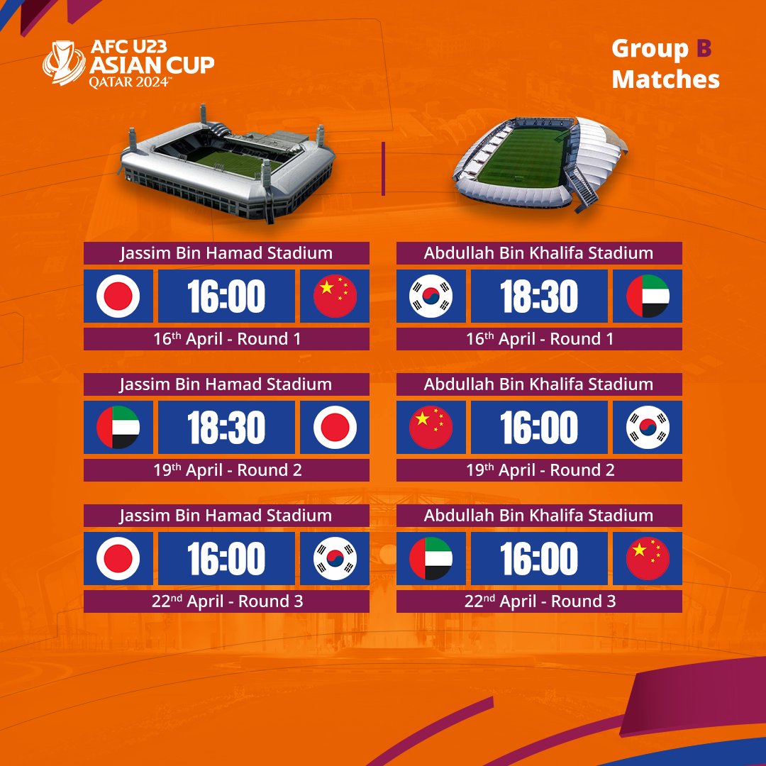 Group B matches Japan 🇯🇵 🆚 China 🇨🇳 Korea Republic 🇰🇷 🆚 UAE 🇦🇪 UAE 🇦🇪 🆚 Japan 🇯🇵 China 🇨🇳 🆚 Korea Republic 🇰🇷 Japan 🇯🇵 🆚 Korea Republic 🇰🇷 UAE 🇦🇪 🆚 China 🇨🇳 Buy your tickets now and support your team #AsianCupU23 #HayyaAsia