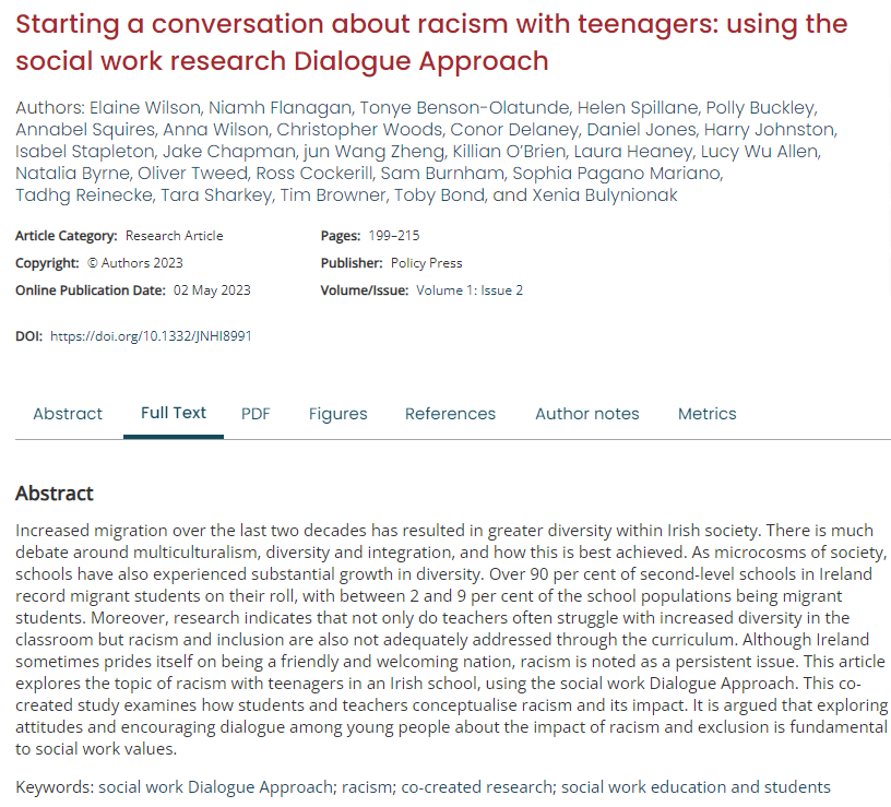 NiamhatMU's tweet photo. #OverTheMoon: our #OpenAccess article "Starting a conversation about racism with teenagers" is listed as "Editors' Choice" for @ESWRjournal. Timely as we -@ElaineMRWilson & @wesleycollege- finalise our #Impact study for #ECSWR. #ContinuingTheConversation
https://t.co/pCukX1787e https://t.co/oHpc5Y0MIn