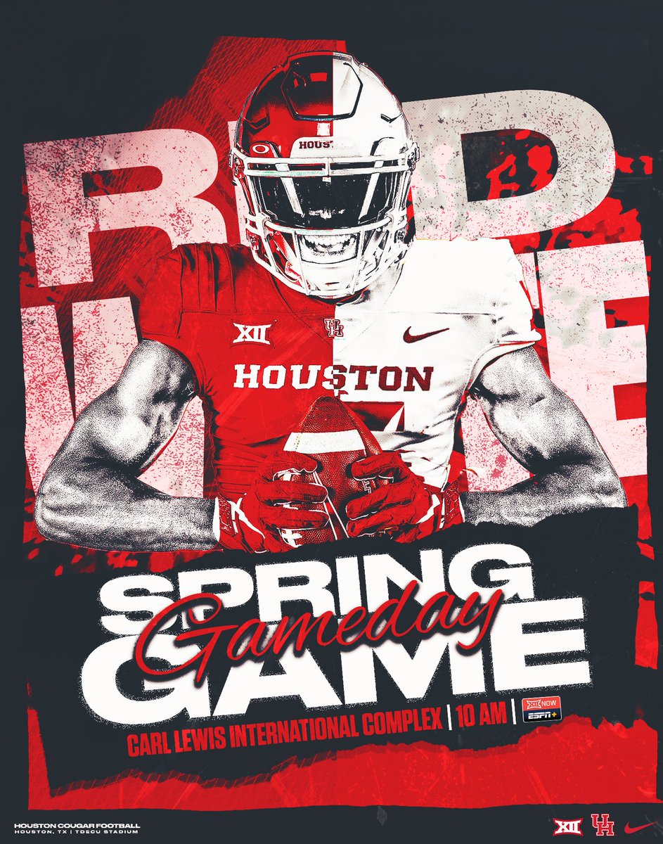 IT'S GAME DAY! 🏈: Red & White Spring Game ⏰: 10 AM 📍: Carl Lewis International Complex 📺: Big 12 Now on ESPN+ (Broadcast begins at 10:25 AM) #GoCoogs