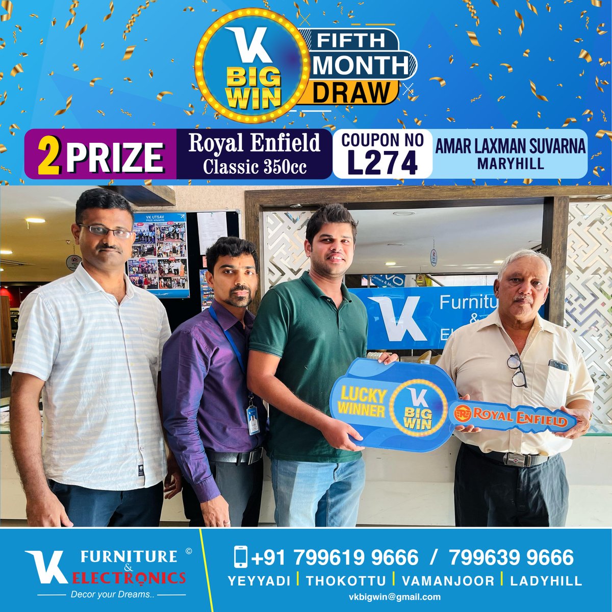 Congratulations to the Winner of the Big Win 5th-Month Draw!!!
1st Prize M436
Name: Carol Monteiro 
2nd Prize L274
Name: Amar Laxman Suvarna

#vkbigwin #vkfurnitureandelectronics #vkyeyyadi #vkthokottu #vkvamanjoor
#vkchilimbi #vkgroups #vksofamakers #luckydraw2023