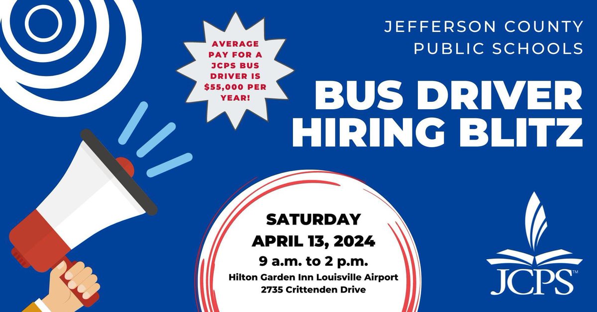 🚌 Looking for a way to help? Apply to be a @JCPSKY bus driver! There’s a Bus Driver Hiring Blitz TODAY. More info 👇👇👇