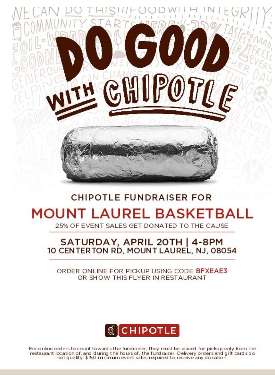 One week away!! Come support Mount Laurel Basketball at the Centerton Chipotle from 4 to 8 pm!