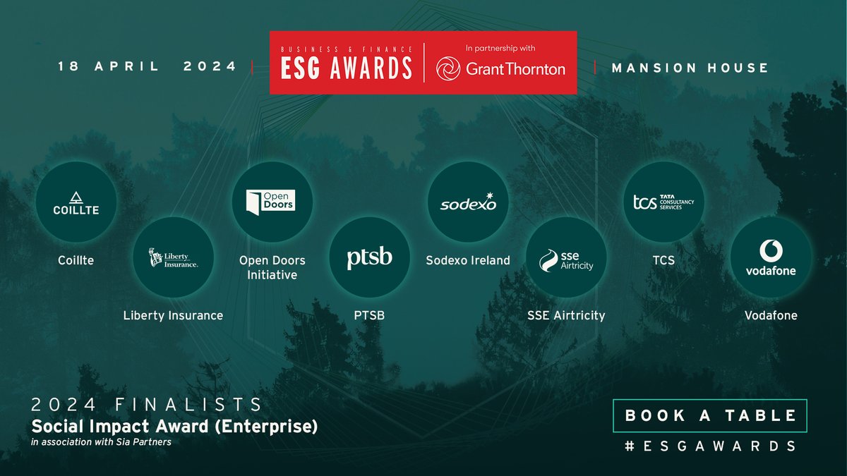 The ESG finalists for The Social Impact Award (Enterprise) are @coilltenews, @LibertyIRL, @OpenDoorsToWork, @PTSBIreland, @SodexoUK_IRE, @sseairtricity, @VodafoneIreland, @TCS Sponsored by @SiaPartners Book: hubs.ly/Q02szsd00 #ESGAwards in partnership with @GrantThorntonIE