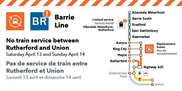 GOtransitBR's tweet photo. 📣This weekend, no Barrie GO service in or out of Union Station due to construction. #GOtrains run every 3 hours between Allandale Waterfront GO and Rutherford GO. GO bus service available to connect you to TTC at the Hwy 407 station. Learn more: https://t.co/8T1R4egPKW https://t.co/0Ckg7nGfi4