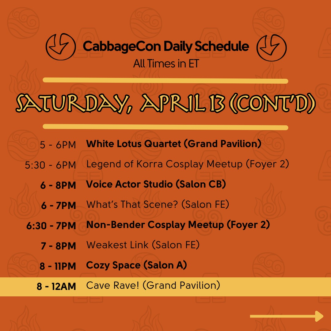 AvatarFanCon's tweet photo. Day TWO! The BIG CabbageCon Shebang! We have a schedule FULL of activities and meetups and panels for you today.
Make sure you hydrate, eat and rest so you can hang all day long!
#CabbageCon #CabbageConvention #AvatarFanCon #AvatarTheLastAirbender #AvatarLegendOfKorra #Avatar https://t.co/0XN2nLrbEk