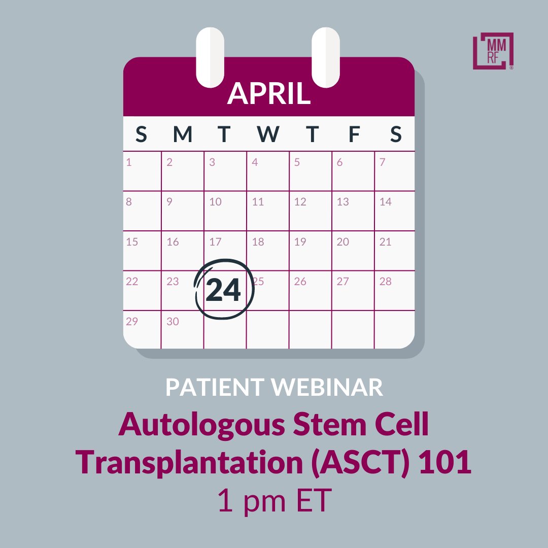 Join us on 4/24 for a FREE patient webinar on autologous stem cell transplantation (ASCT). #Myeloma Drs. Sergio Giralt and David H. Vesole, will discuss why ASCT is used in treating #multiplemyeloma. Don’t miss out – register today: ow.ly/BabL50RcBvs @MSKCancerCenter #mmsm