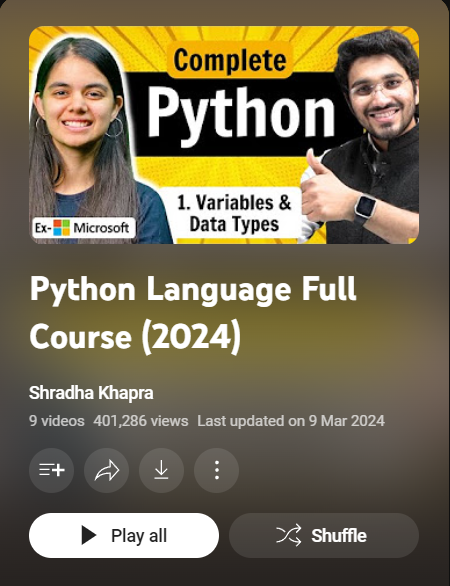 hey,
My python playlist .
#Python #Programming #LearnToCode #ApnaCollege #CodingPlaylist #TechSkills #CodeNewbie #PythonJourney #LinkedInLearning #HappyCoding 🔥