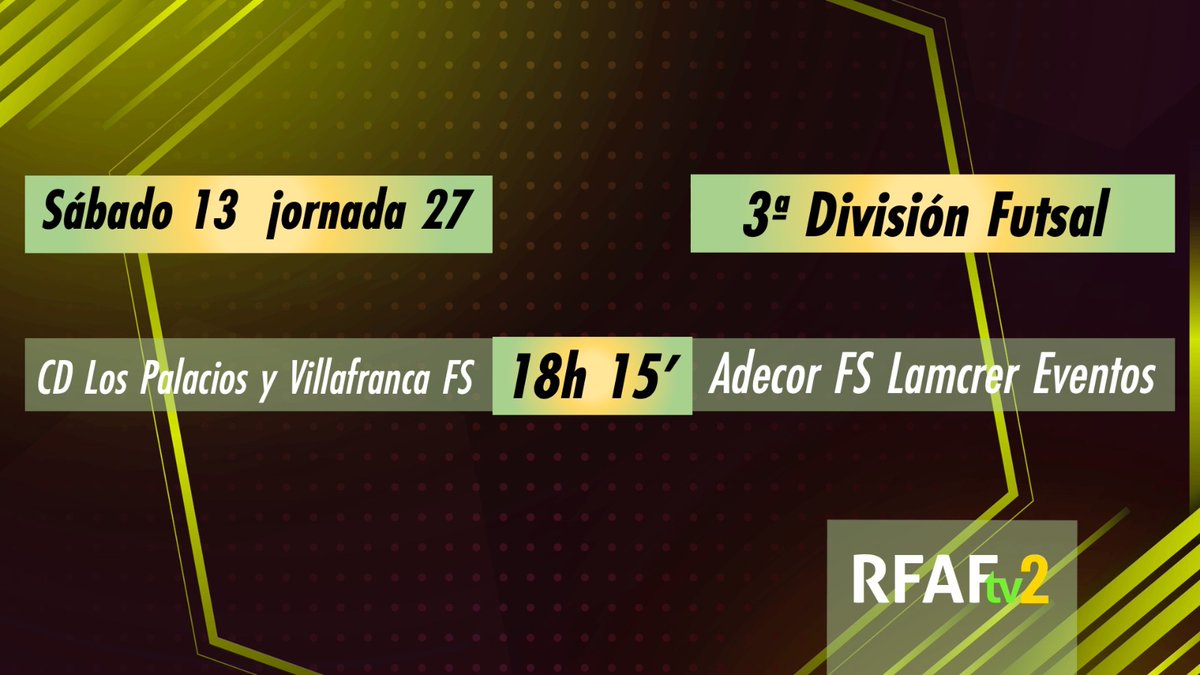 RFAF's tweet photo. ⚽️ Tarde de 𝗙𝘂́𝘁𝗯𝗼𝗹 𝗦𝗮𝗹𝗮 con 7️⃣ PARTIDAZOS desde las 16:00h
⚔️ @NazarenoDHFS 🆚 #TrianaFS
⚔️ @bujalancefs 🆚 @adgranjafutsal
⚔️ @XerezDFC_Futsal 🆚 @AvanzaFutsal
⚔️ @lospalacioscf 🆚 @_adecor
📺 En DIRECTO en https://t.co/b4rjnyEHbu y #RFAFtv https://t.co/Ej1Hd1sT73