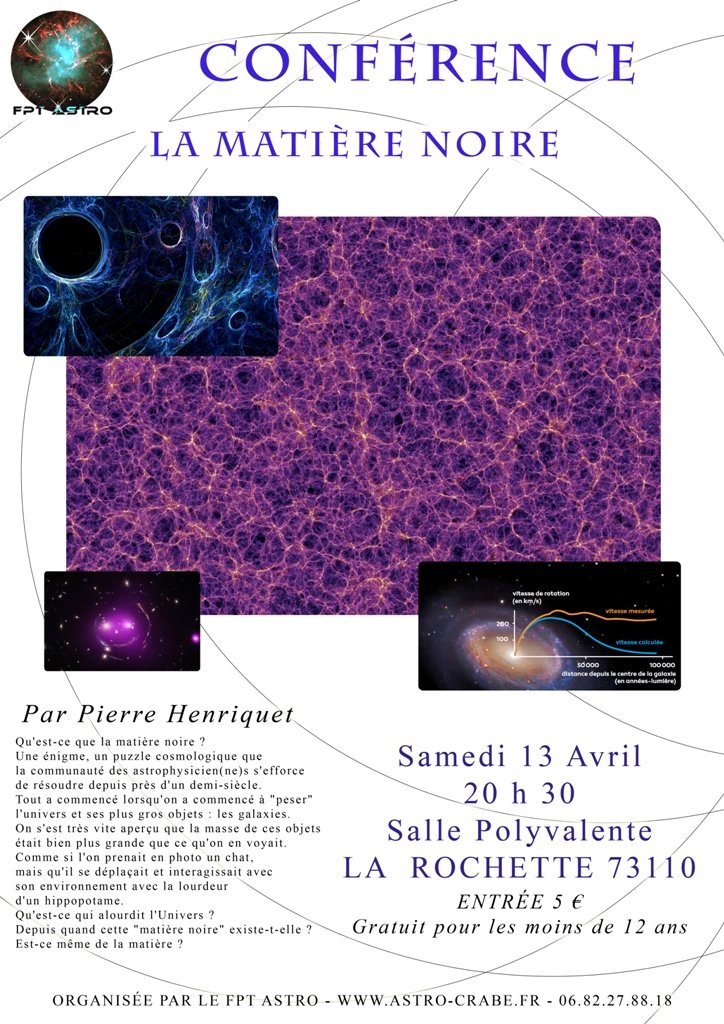 Savoyardes, savoyards, ce samedi 13 au soir je suis invité par le club astro du #CRABE à La Rochette (astrosurf.com/astro-crabe/#w…) pour faire une conférence sur la matière noire. N'hésitez pas à venir y faire un tour, si le cœur vous en dit 😉