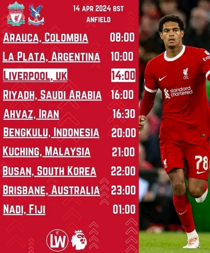 🚨 TIME ZONE 🚨

- Premier League -

🔴Liverpool 🆚 Crystal Palace ⚪

#LIVCRY Mohamed Salah