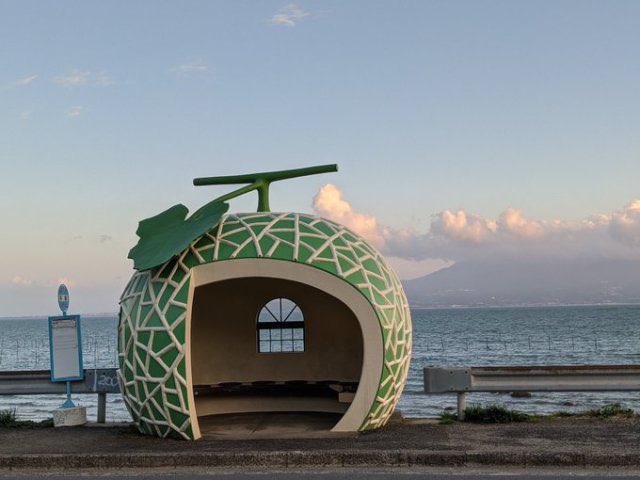 pyerissey's tweet photo. fruit-shaped bus stops (japan, 1990) https://t.co/aZUs3cVjYa