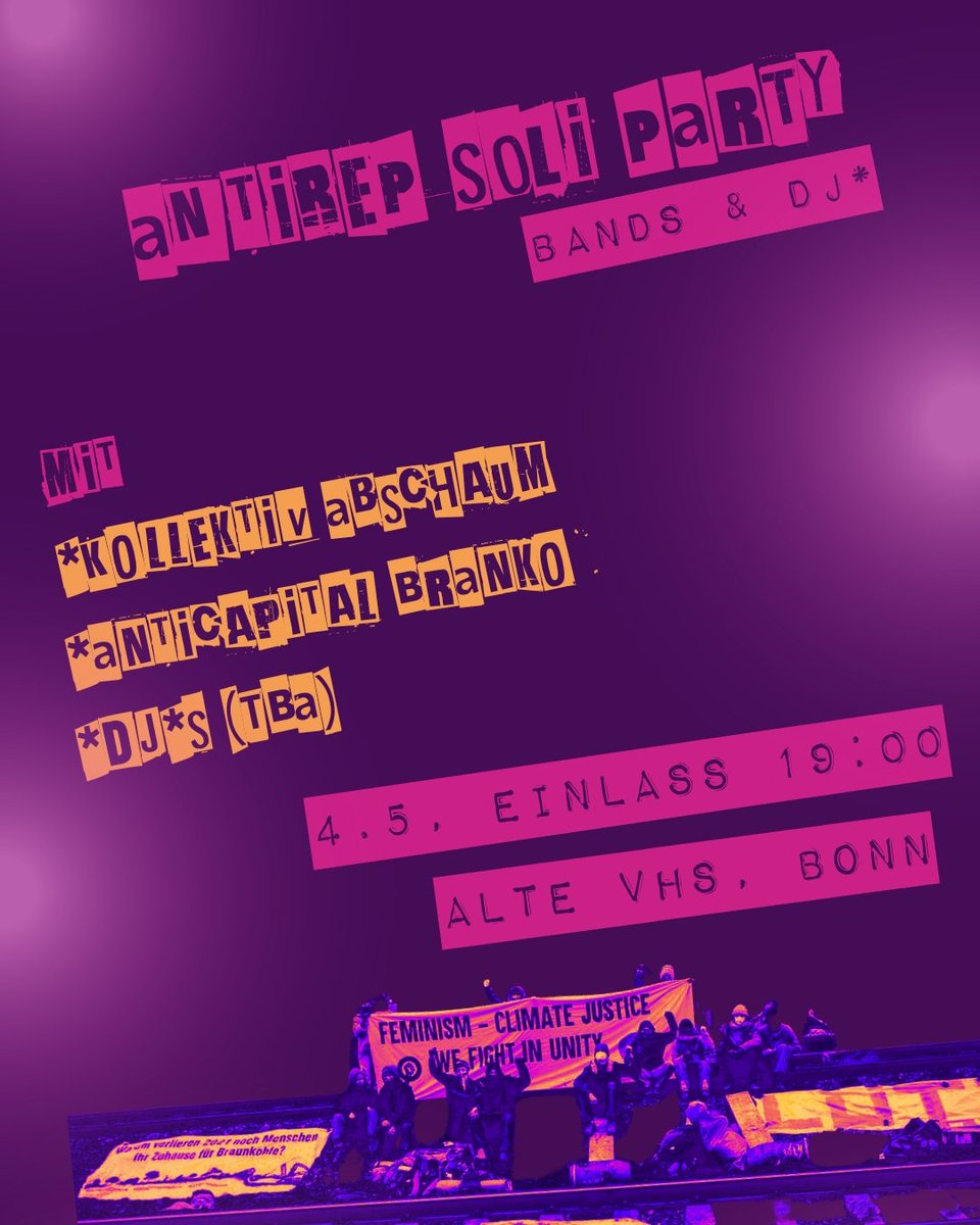 Antirep Soliparty am 4.5.2024 in der <a href="/AlteVhs/">Alte VHS</a> feinstem Parolenpunk von Kollektiv Abschaum, irgendwas zwischen Hiphop und Liedermacherpunk von Anticapital Branko und ein*e Dj* (Überraschung :))
Die Kohle des Abends geht an <a href="/BlockNeurath/">Block Neurath</a> die im Nov.21 ein Kraftwerk lahmgelegt haben