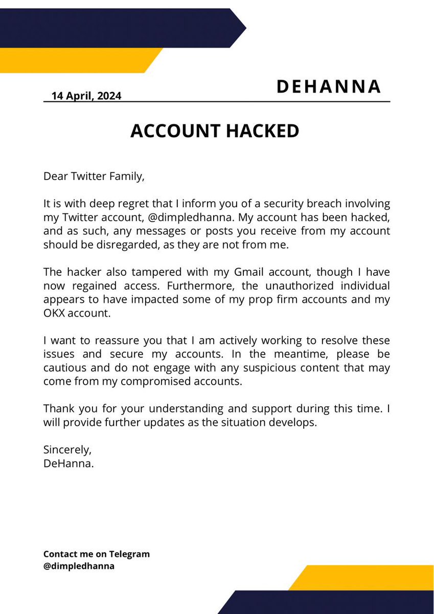 Hacked! @dimpledhanna account got hacked, be aware please. @x @support kindly help 🙏