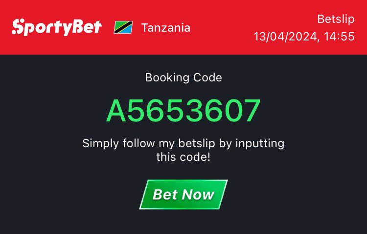 ~COUNTRY CODE SPORTYBET🇹🇿 Code 1~~~ 21F8902 🏆: 30+ odds Code 2 ~~~ A5653607 🏆: 15+ odds Code 3 ~~~ 550A46 🏆: 5+ odds @goligani @GivaTips @fptz66 @prolific_88 @officialmoore7 @MrRango255 @CharlesChelsea_ @Thereal_taivina @RafikiMillz @JIWETIPS @theboyboby @MrRango255 🎫🎫