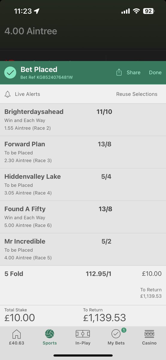 Grand National Day Bets and Multi 1.20 Fine margins 16/1, seefin 33/1 ew 1.55 Brighter days ahead 6/4 WIN 2.30 Forward plan 8/1 EW kinondo kewtu 22/1 EW 3.05 Hidden valley lake 6/1 EW 4.00 Limerick lace 12/1 EW Mr incredible 16/1 EW Galia des liteaux 40/1 EW 5.00 Found a fifty…