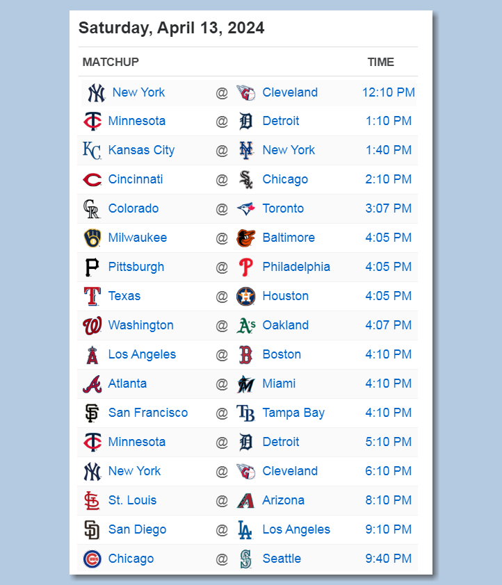 Here's the #MLB schedule for Saturday, April 13th - PLAY BALL!!!