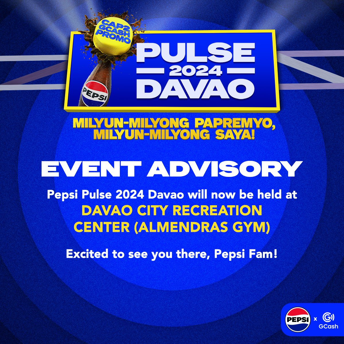 Kitakits sa Davao City Recreation Center (Almendras Gym) this Friday, April 19 at 3PM Pepsi Fam! FREE ENTRANCE para sa lahat, just bring your #PepsiCap2GcashPromo bottle caps or labels. #PepsiPulse2024