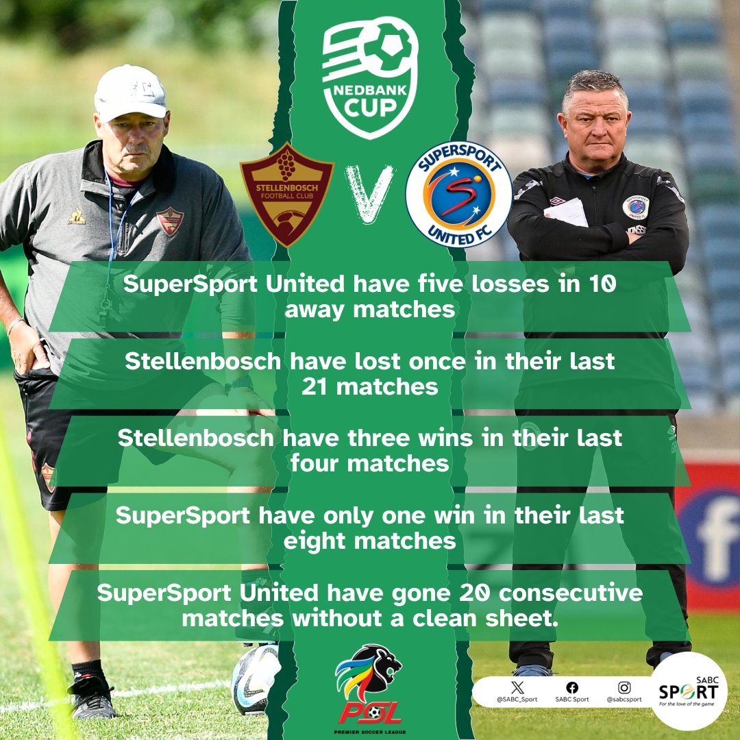 ⁉️ 𝘿𝙄𝘿 𝙔𝙊𝙐 𝙆𝙉𝙊𝙒 ⁉️ A closer look at the key details leading up to kick-off of this afternoon's #NedbankCup quarter-final between Stellenbosch FC and SuperSport United. 🚨 LIVE ⏰ 14:30 📺 SABC 1 (No DTT or SABC +) 📻 SABC Radio Stations #SABCSportFootball