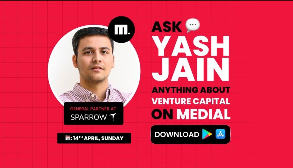 We @medialapp are hosting an AMA about Venture Capital Investments, fundraise doubts and anything VC with @yash_sparrow from Sparrow Capital. Join Medial to ask Yash any questions you have along with 30k other startup enthusiasts. #ama #venturecapital 

medial.page.link/invite