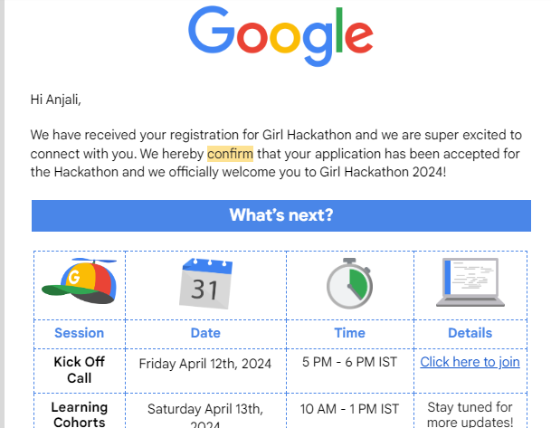 AnjaliS57610098's tweet photo. "I'm thrilled to share that I've been selected for the @Google Girl Hackathon! ๐ It's an incredible opportunity, and I'm excited to start preparing. Can't wait to dive into coding and innovation! #GoogleGirlHackathon #WomenInTech" https://t.co/715GFGqTWk