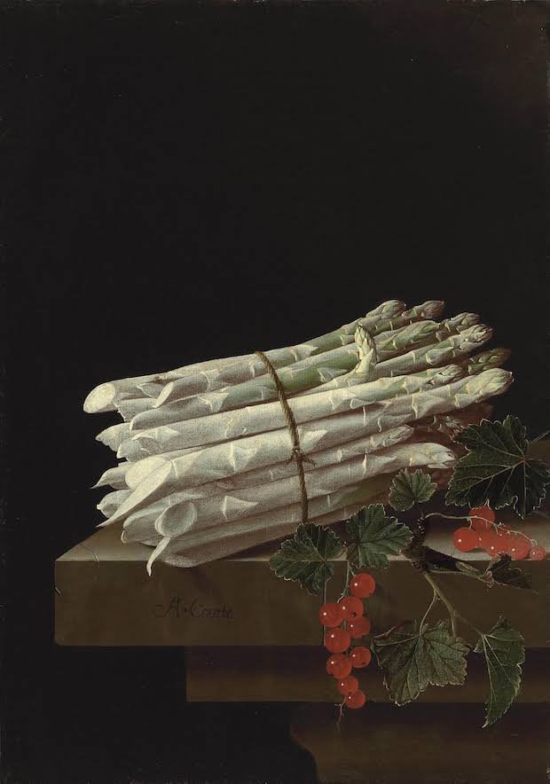 Asparagus and red currants in 1703, by Adriaen Coorte.