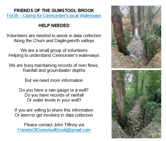 Interested in getting involved in some #CitizenScience, monitoring #river flows & #groundwater levels around #Cirencester? Check out the advert & the Friends of the Gumstool Brook website gumstool.org.uk and get in touch.