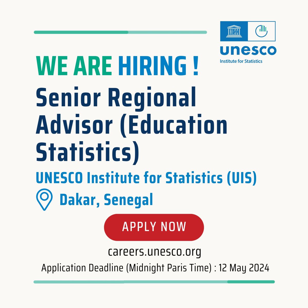 💼 We are #hiring! #UIS_UNESCO is looking for a Senior Regional Advisor (Education Statistics) to join our team in Dakar, Senegal 🌍 Apply by 12 May; learn more about the role: careers.unesco.org/job/Dakar-Seni… #CareerOpportunity #JobOpportunities #UNESCOJobs