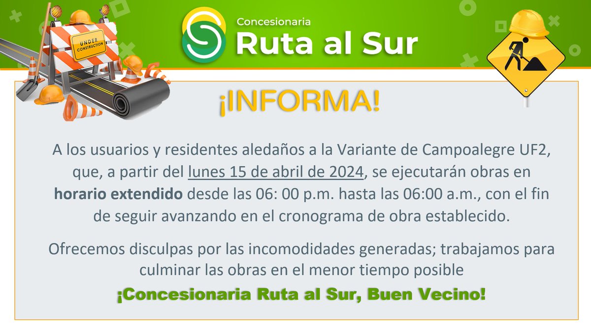 RutaalsurOfi's tweet photo. #ATENCIÓN #Campoalegre #UF2 Informamos a todo tipo de conductores, pasajeros, habitantes que por motivo de obras en la variante Campoalegre se ejecutaran trabajos con horario extendido. https://t.co/JGbinA04ZX