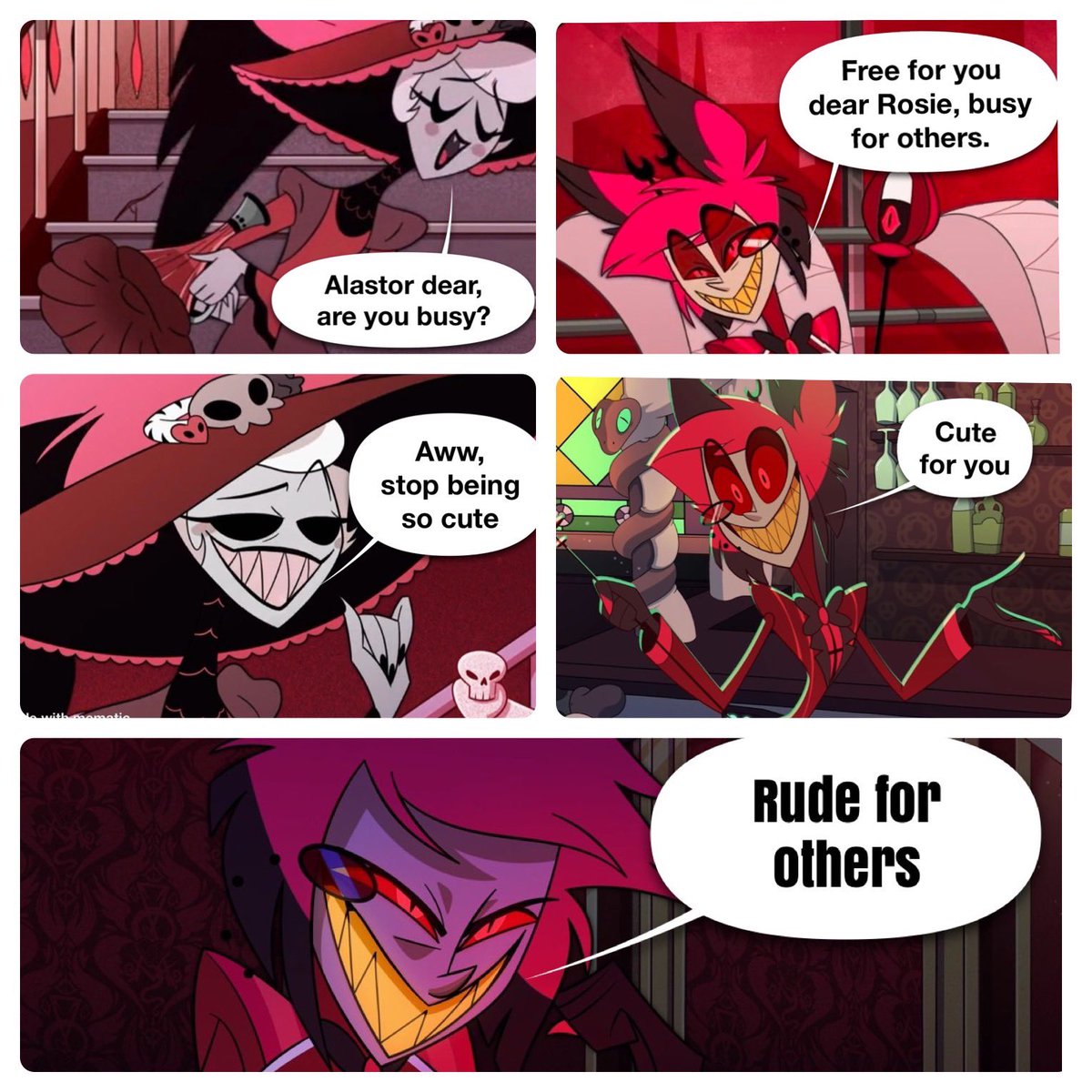 Adapted screenshot with pics <a href="/bexii1984/">✨️ Bexii 📻 🌹</a> 
#hazbinhotel #HazbinHotelAlastor #HazbinHotelRosie #radiorose
