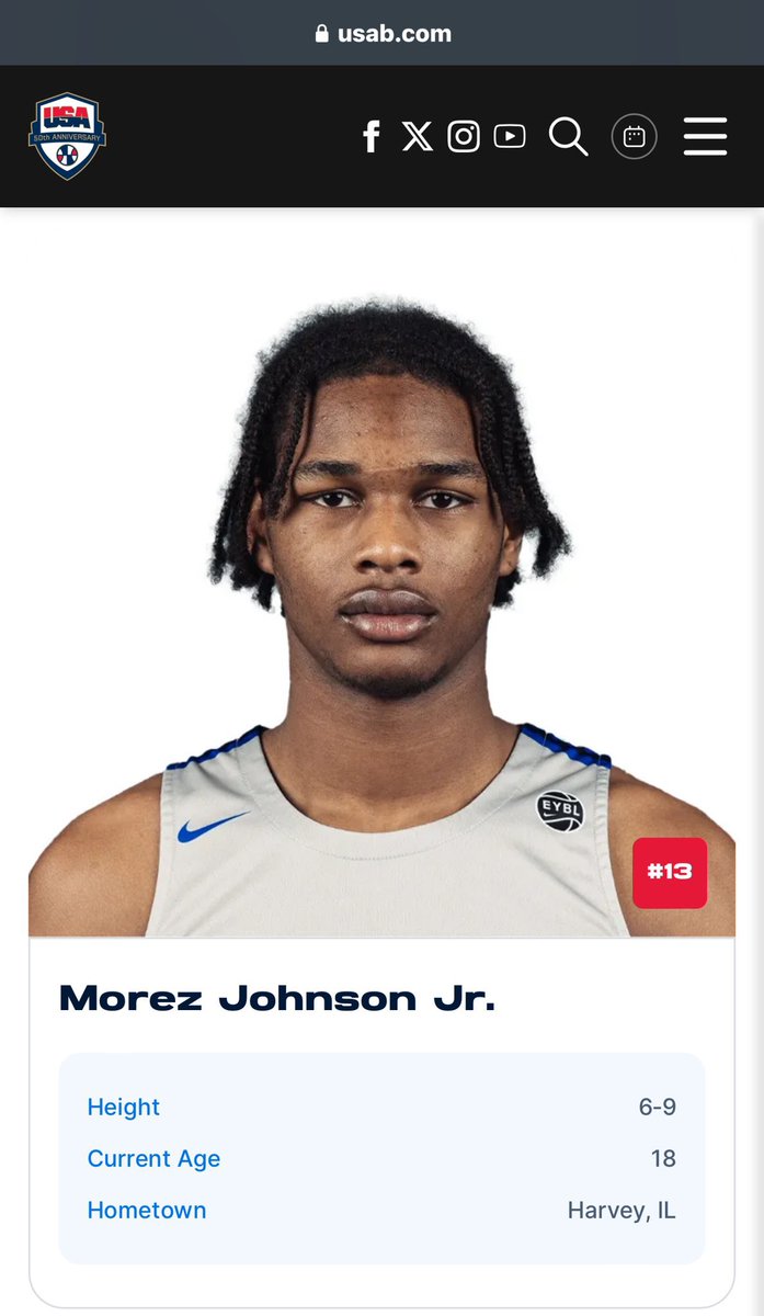 2024 Thornton Wildcat Forward
Morez Johnson Jr. (<a href="/morezjohnsonJr/">Morez Johnson Jr.</a>) will be playing in the Team USA Nike Hoop Summit today 
<a href="/nikehoopsummit/">Nike Hoop Summit</a> 
<a href="/usabjnt/">USABJNT</a> 

📺 FS1
⏰ 9 P.M. CT (7 P.M. PT)
📍 Moda Center (Portland, OR)

Good luck Rez 🇺🇸 

#TTHS